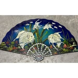 Vintage Mother Of Pearl Inlaid Glossy Black Lacquer Wall Fan Asian Fish Theme